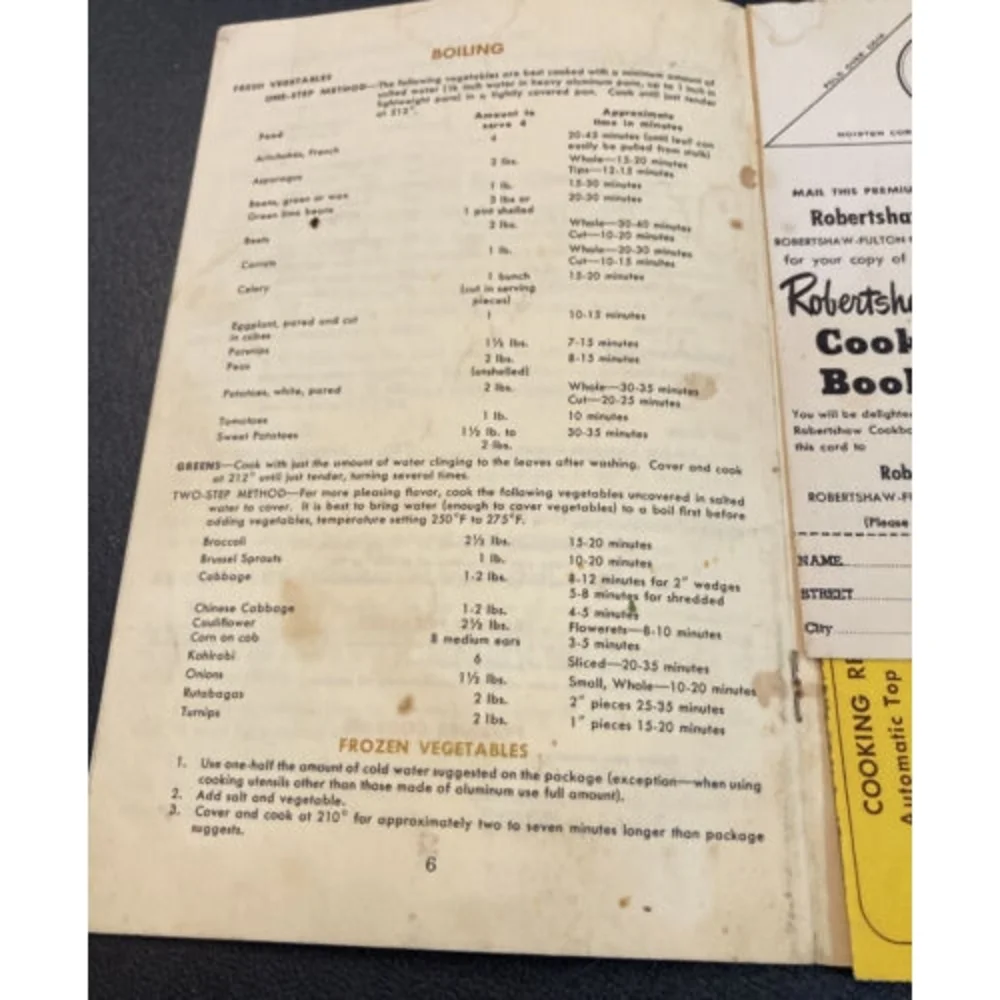 Vtg Robertshaw Thermal Eye Range Thermostat Instruction Cooking Suggestion Table